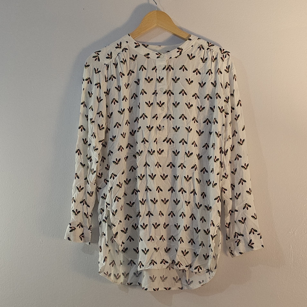 LOFT White Blouse with Black and Green Pattern